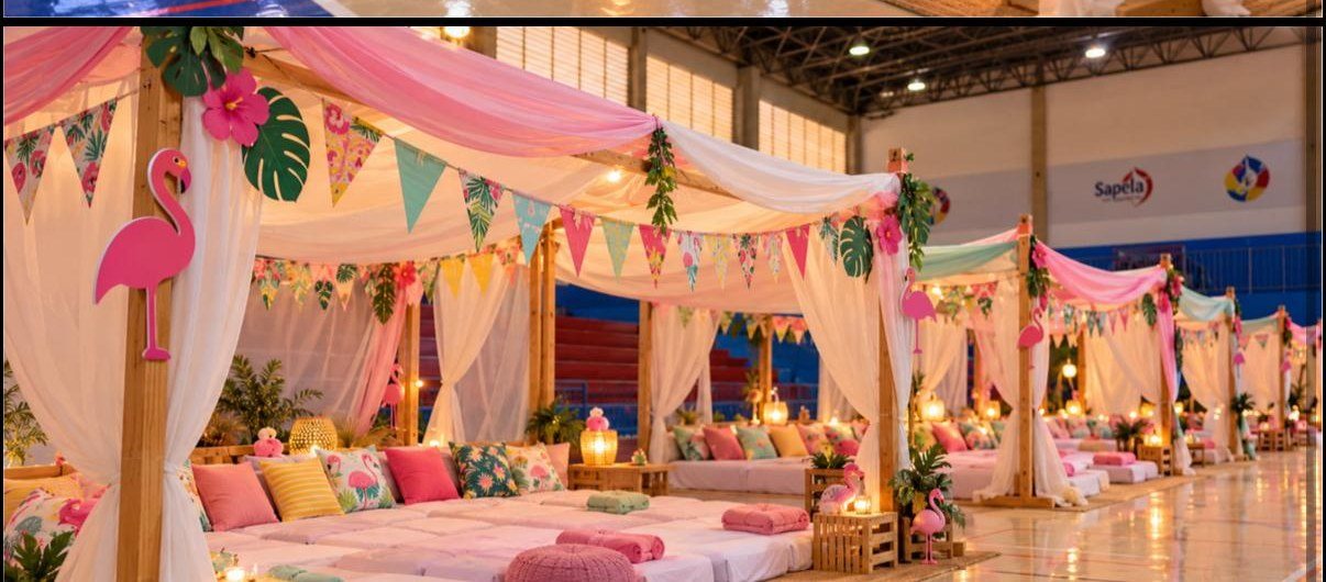 Imagem ilustrativa &mdash; vista das cabanas decoradas no gin&aacute;sio